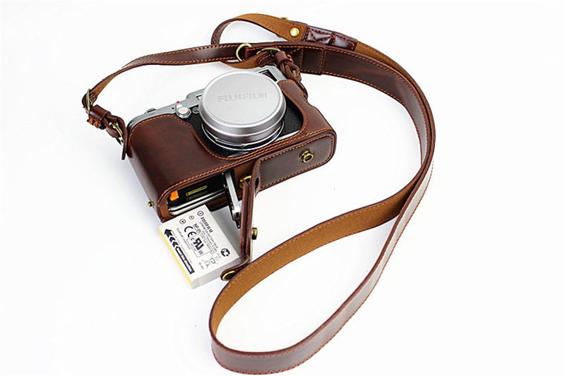 X100 Case, BolinUS Handmade PU Leather Fullbody Camera Case Bag Cover for Fujifilm Fuji X100 X100S X100T Bottom Opening Version + Neck Strap -Coffee Multi-Colored