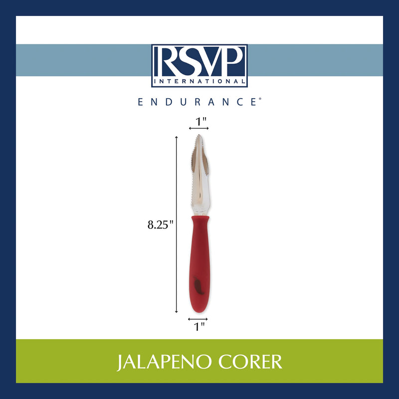 RSVP International Endurance Collection Vegetable Core & Seed Remover, Tomato, Zucchini, Jalapeno Pepper Corer Tool, Dishwasher Safe, 8.25" Overall Length, Stainless Steel Blade, Red Handle