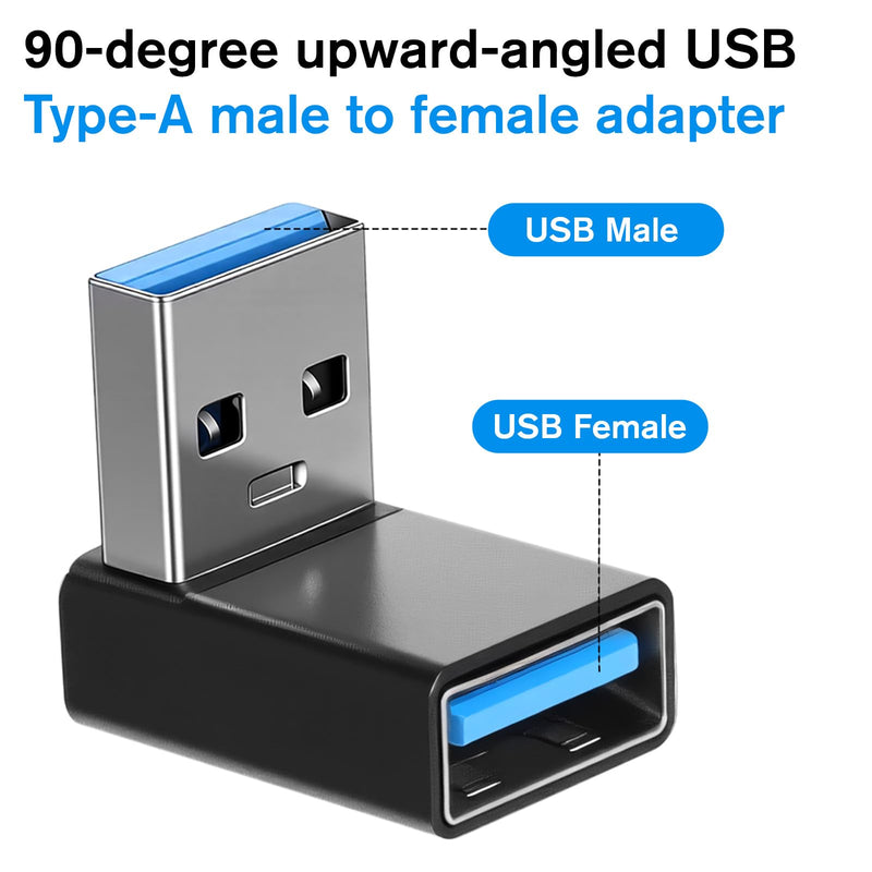 2 Pack USB3.1 Type A Male to USB-A Female Adapter, Angle USB A Male to Female Converters, Up and Down Angle 90 Degree Fast Charging Converter OTG for PC, Laptop, Power Bank and More