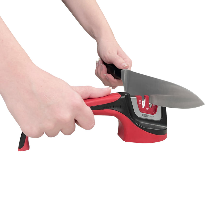 AccuSharp Gourmet 15º Pull-Through Knife Sharpener, Helps Repair, Restore, Polish & Hone Blades, 2 V-Notched Sharpening Slots for Straight & Serrated Gourmet Knives Red