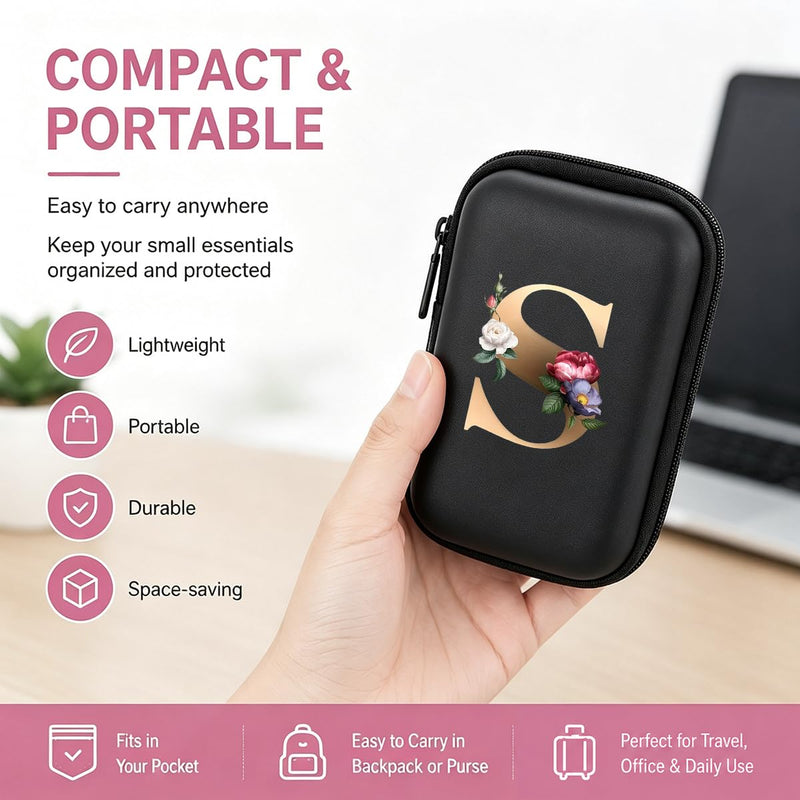 Letter And Flower Print Hard Shell Electronics Organizer, Shockproof Carrying Case for Cables, Earphones, Chargers, Ideal Gift for Travel & Daily Use，4.33 * 3.14 * 1.57 inch/SNB03-S Black-S