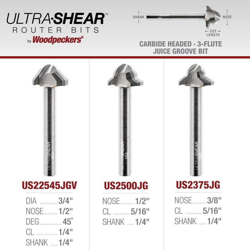 Juice Groove Router Bits, 1/2" Cove With 45 Vee-Groove, Carbide Head, USA Made, 3 Flute, CNC Bits for Cutting Board - US22545JGV 1/2 Nose 45