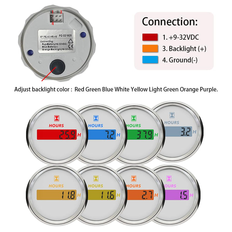 2 Inch/52mm Engine Hour Meter 0-99999.9H Adjustable Hourmeter 12V 24VDC for All Cars Boats (White&Silver) White&Silver