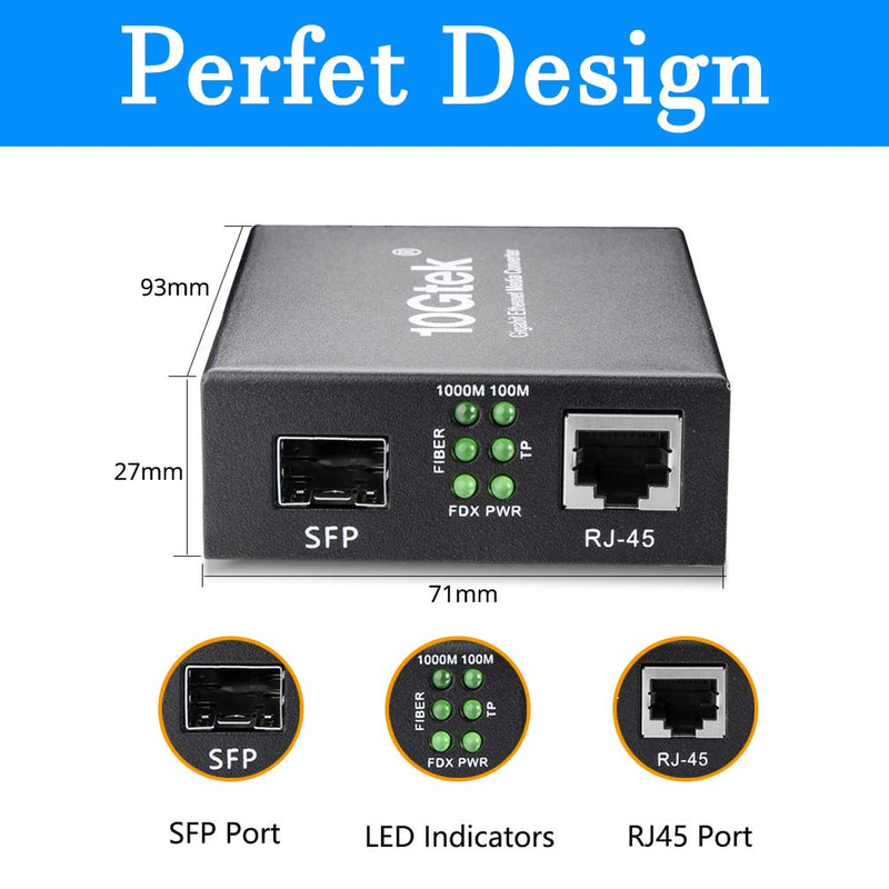 A Pair of Gigabit Single Mode LC Fiber Media Converter, with 2 Pcs SFP LX Modules, 1.25G/s Fiber to Ethernet Converter, 1000Base-LX to 10/100/1000base-TX, SFP to RJ45, SMF, 1310nm, up to 20km Single Mode: 20km 2 Packs