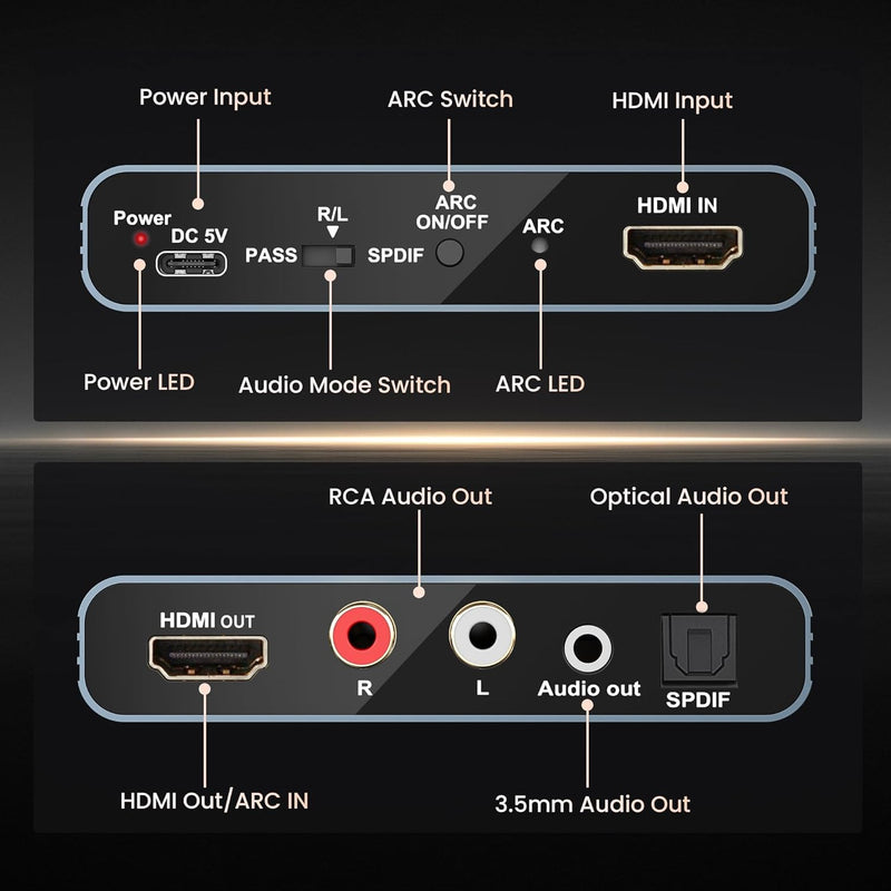 ARC HDMI Audio Extractor 4K@60Hz eARC/ARC to Optical SPDIF RCA AUX | Supports LPCM 5.1/DTS, converts HDMI ARC/eARC audio to Optical SPDIF, RCA and 3.5mm AUX for TV, PS5 and soundbar 4K60HZ ARC