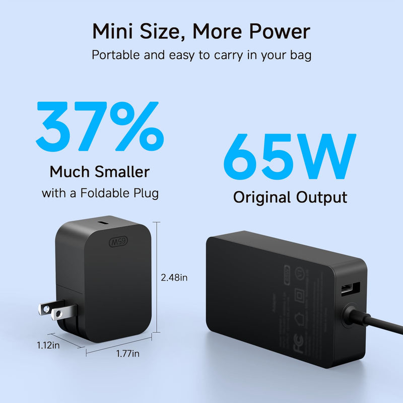 65W Charger for Microsoft Surface Pro 11, 10, 9, 8, 7+, 7, X, 6, 5, 4, 3, 2-in-1 Power Adapter for Windows Surface Laptop 7/6/5/4/3/2/1, Go Tablet, Book 3/2/1, 6.6ft USB-C Cable, Original Quality