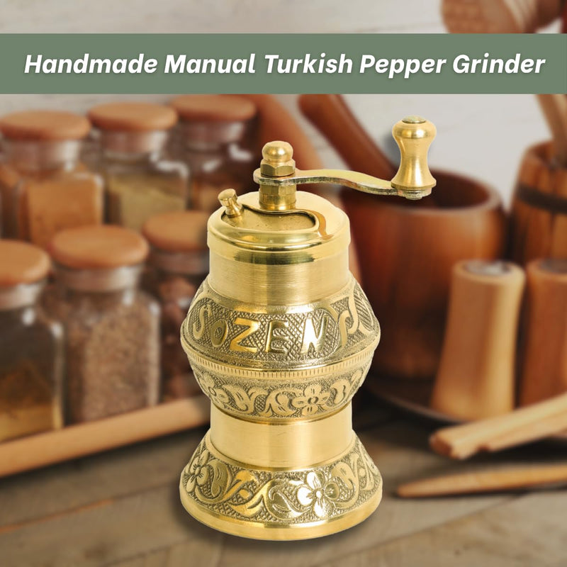 Sozen 4.7" Istanbul Manual Pepper Grinder Brass – Handmade Turkish Pepper Mill, Conical Burr Spice Grinder, Portable Hand Crank Mill for Salt, Peppercorns, and Other Spices with Durable Brass Decor