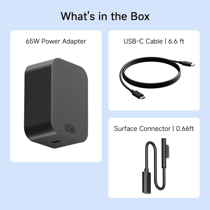 65W Charger for Microsoft Surface Pro 11, 10, 9, 8, 7+, 7, X, 6, 5, 4, 3, 2-in-1 Power Adapter for Windows Surface Laptop 7/6/5/4/3/2/1, Go Tablet, Book 3/2/1, 6.6ft USB-C Cable, Original Quality