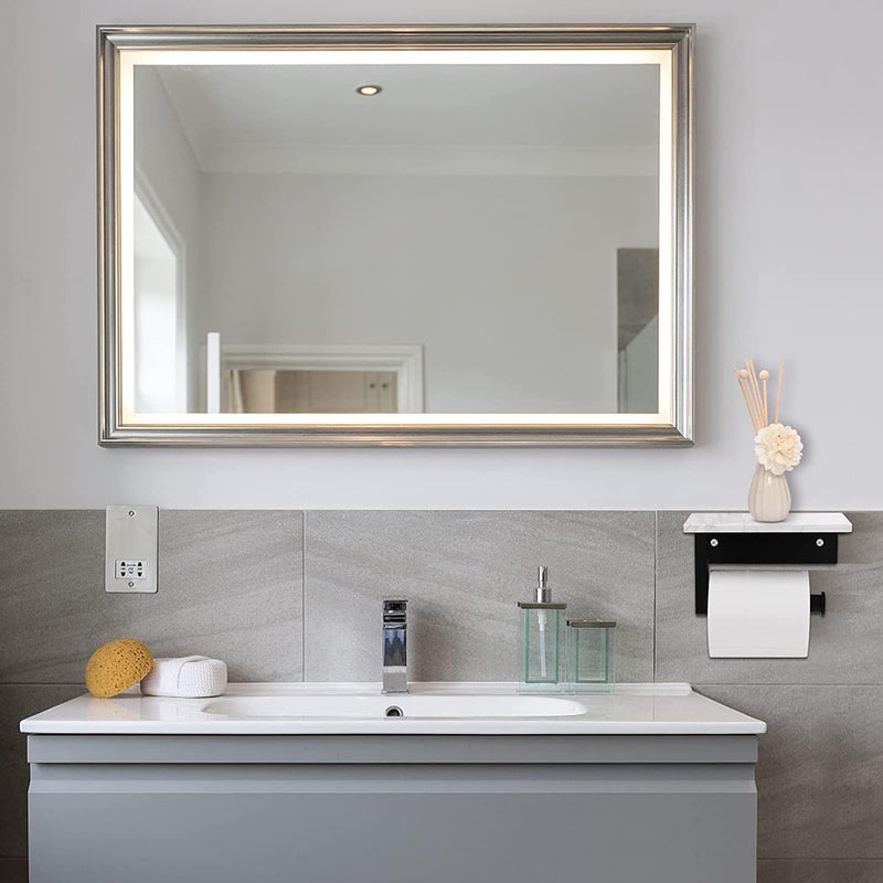 Toilet Paper Holder with White Marble Shelf, Without Drilling Stainless Steel Toilet Roll Holder for Wall, Modern Toilet Paper Holder for Kitchen Bathroom (Brushed) Brushed