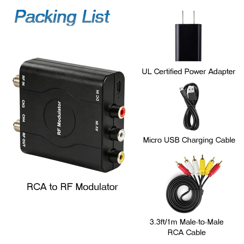 RCA to RF Modulater for TV, AV to Coaxial RF Converter with CH3/CH4 Switch, Analog Video Audio Modulator NTSC Format for Retro Game Console, VHS Player, DVD, VCR