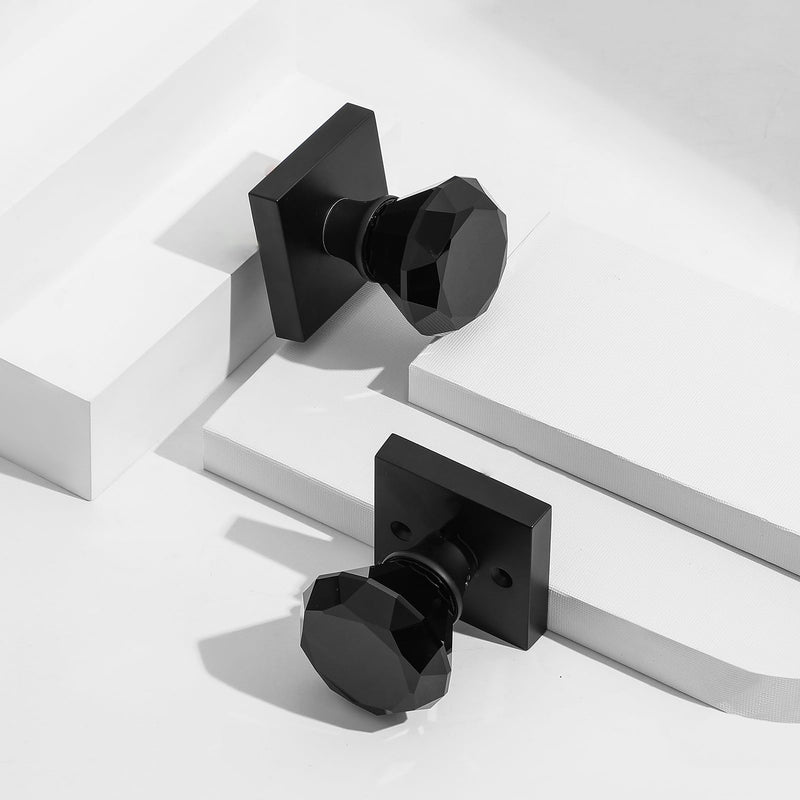 Matte Black Glass Crystal Door Knobs Interior, Modern Black Diamond Passage Square Clear Door Knobs for Closet Hallway Matte Black Finish and Black Glass