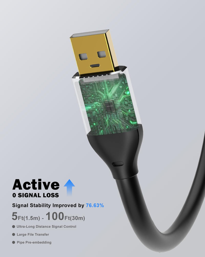 Active USB 2.0 Extension Cable 50FT(15M)with Built-in Signal Booster, 480Mbps High Speed Data Transfer Male to Female Repeater Cord, in-Wall-Long USB Extender for VR/Printer/Hard Drive/Xbox/PC 50 ft (15m)