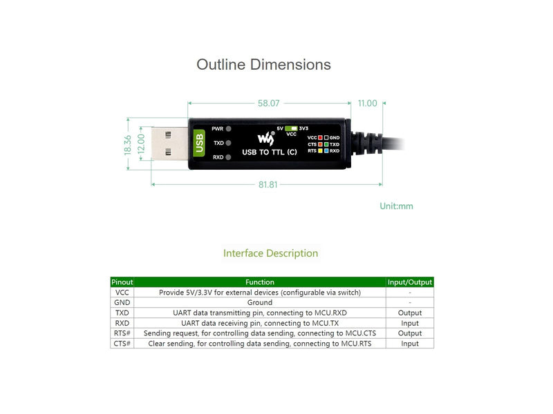 waveshare Industrial USB to TTL 6pin Serial Adapter Cable, USB to TTL (C) Converter Onboard FT232RNL Chip,Compatible with Win11/10/8.1/8/7,Mac, Linux, Android,3.3V/5V Voltage Level Switching