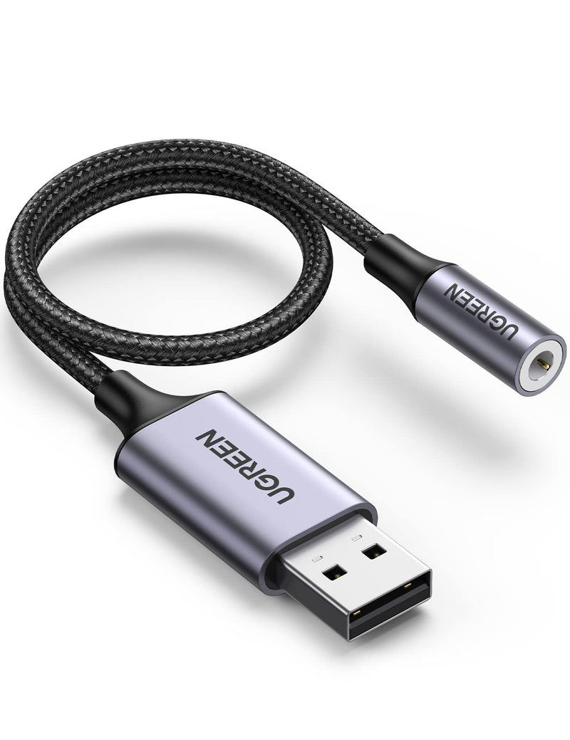 UGREEN USB to 3.5mm Jack Audio Adapter Sound Card Support Mic TRRS Headphone DAC 24bit 96kHz Nylon Braided USB to Aux Jack Compatible with Windows Mac Linux PC PS5 PS4 Switch 2 Speaker, 9.8 Inch