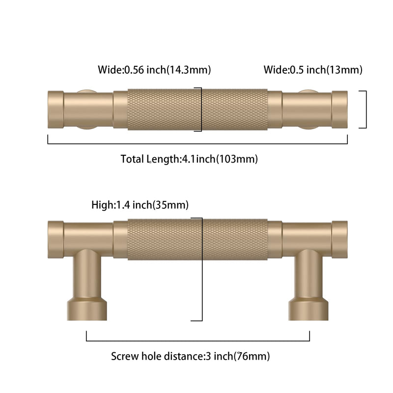 Asidrama 10 Pack 3 Inch(76mm) Champagne Gold Cabinet Pulls Knurled Kitchen Cabinet Handles, Cabinet Pulls Kitchen Cabinet Hardware for Cupboard Drawer Pulls 3" Hole Center