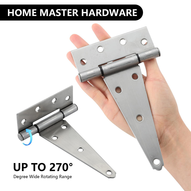 HOME MASTER HARDWARE 6 Inch Stainless Steel Gate Hinges for Wooden Fences Heavy Duty Tee Hinges,Shed Door Hinge,T-Strap Hinge for Outdoor Barns Gate with Screws 4 Pack 6" - 4pack