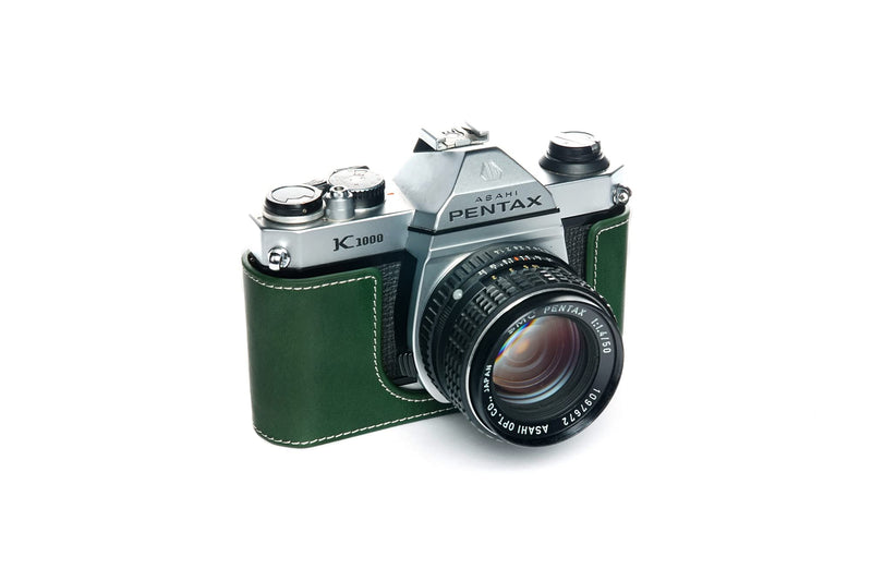 K1000 Case, BolinUS Handmade Genuine Real Leather Half Camera Case Bag Cover for Pentax Asahi K1000 Camera With Hand Strap (Green) Green