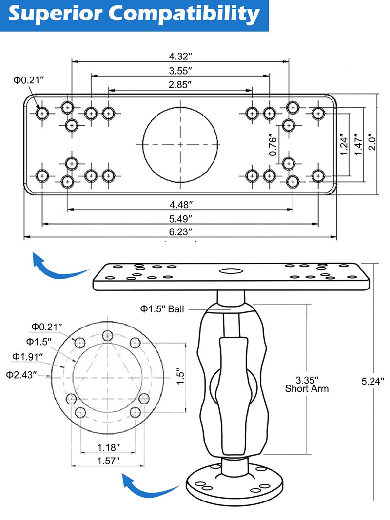 1.5" Ball Short Arm Fish Finder Mount, Marine Electronic Mount, Universal Mounting Plate with 1.5 inches / 38mm / C Size Ball Adapters, Compatible with Garmin, Lowrance, Humminbird and More