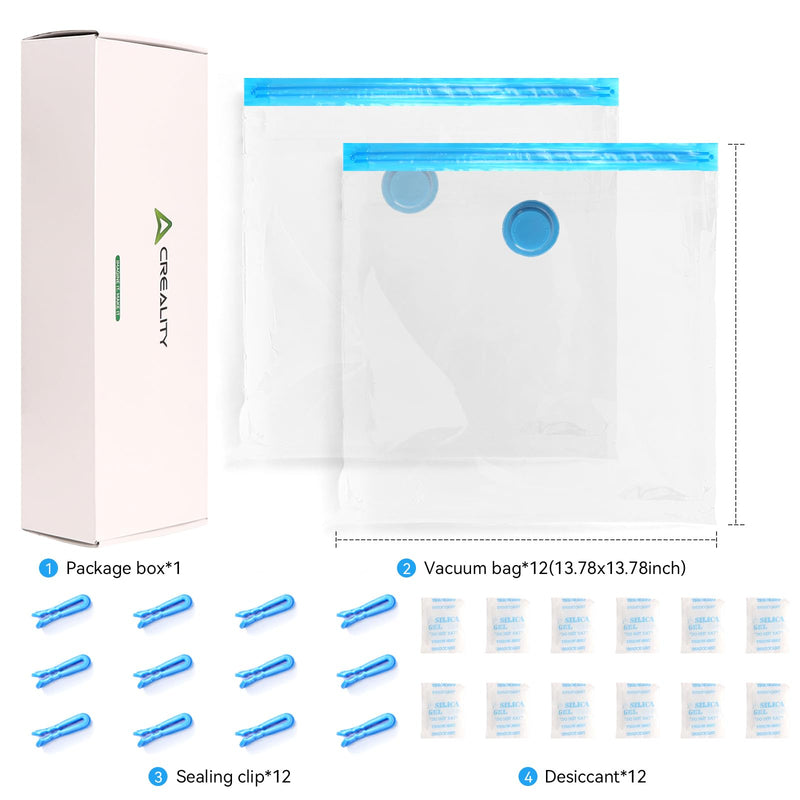 Creality 3D Printer Filament Storage Bags, 12 PCS Reusable 35x35 cm Filament Vacuum Storage Bags for 1kg 3D Filament Storage, Dustproof & Moisture-Proof Filament Bags for ABS PETG PLA Storage 12 Refill Bags (1kg Each)