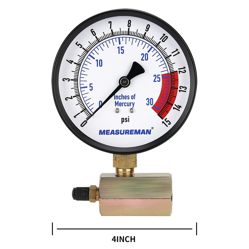 MEASUREMAN 4" Steel Gas Pressure Test Gauge Assembly, 3/4" FNPT Connection, 0-15Psi/0-30InHg, 1.6% Accuracy, 0-15Psi/0-30InH2O