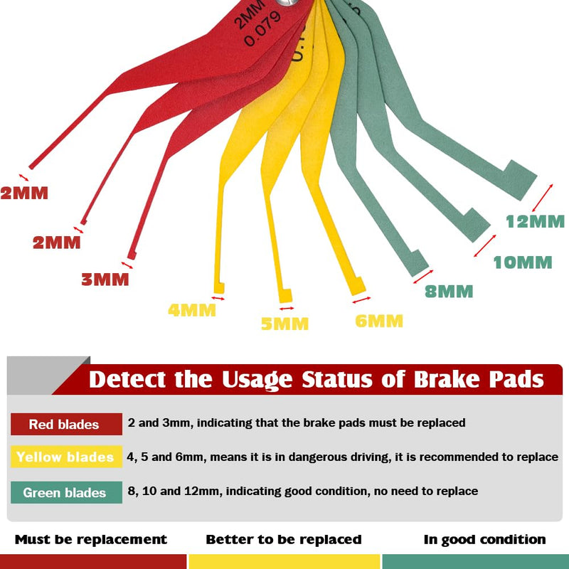 9-Piece Metal Brake Pad Gauge Set, Brake Gauge Measure Tool to Quickly Measure Brake Pad Wear, Brake Pad Thickness Gauge for Most Cars, Easy to Read Color Coded - 2mm to 12mm Metal 1PC