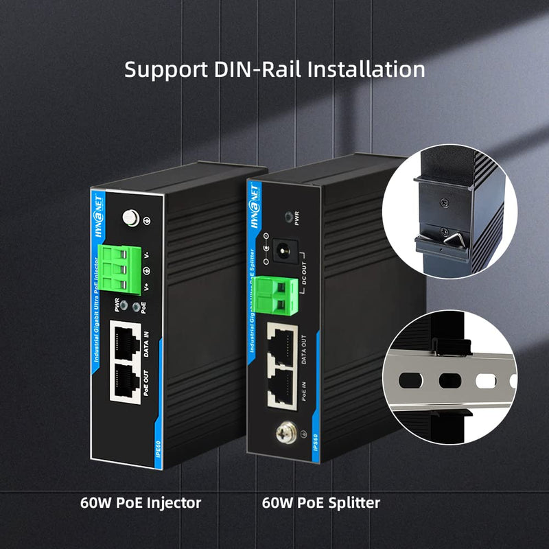 Industrial Din-Rail 802.3bt 60W Gigabit PoE++ Splitter to 12V/4.25A Power Adapter for PTZ Cameras,Access Points