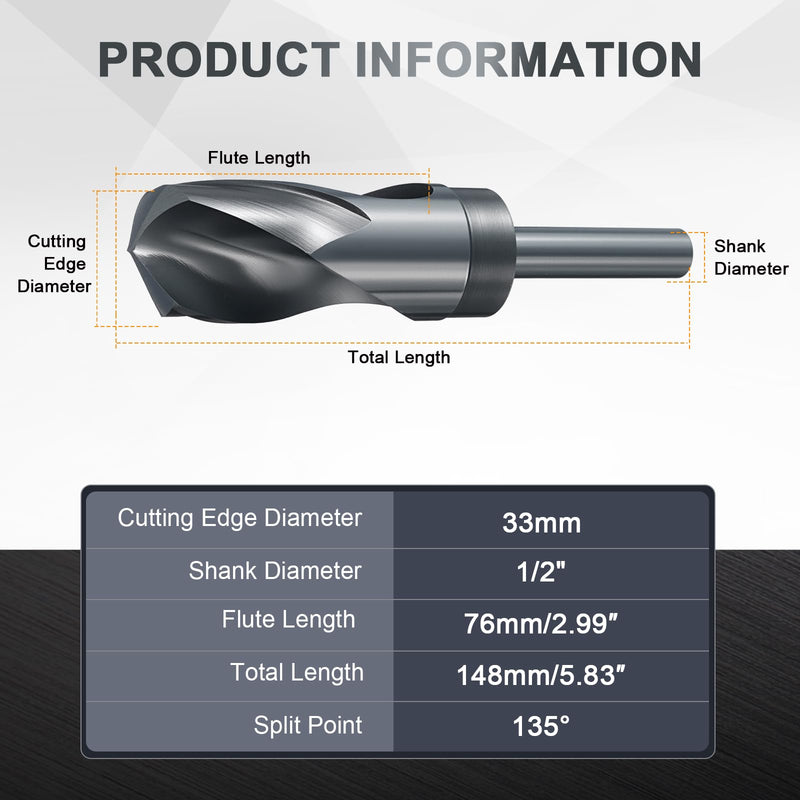uxcell 33mm Drill Bit 1/2" Reduced Shank M2 High-Speed Steel Nitriding Black 135° Bits for Hard Metal Stainless Steel Professional Round