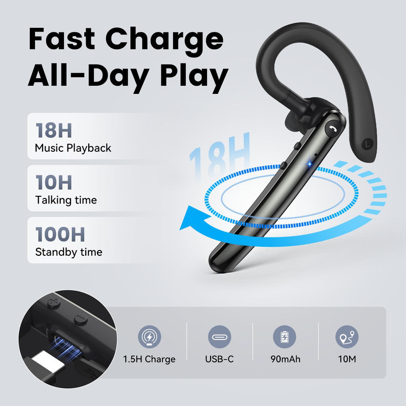 Bluetooth Headset, Wireless Bluetooth 5.4 Earpiece with 10Hrs Hands Free Talk Time, Single-Ear Headset with Noise Canceling Mic, Dual Pairing Headphones for Business/Office/Driving/Trucker/Android/iOS Black