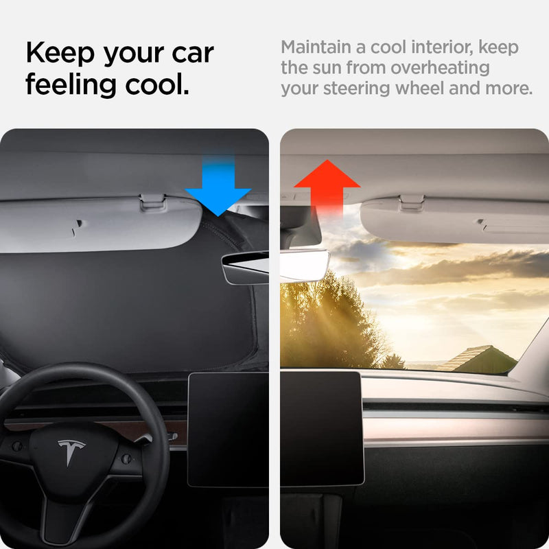 Spigen Front Windshield Sunshade for All Tesla Model Y & 3 2025/24/23 [Compatible with Model Y Juniper 2025/26 & Model 3 Highland 2024/25] (Triple-Coated with Reinforced Velcro Strap) Model 3/Y