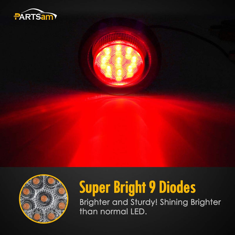 Partsam Pair 2" Clear/Red Flush Mount Mini-Reflex Side Marker LED Light Truck RV Trailer 9LED w Grommet, Faceted Round Trailer Clearance Lights w Reflectors 2*Red with grommets