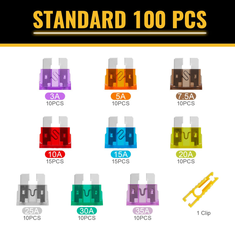 100 Pcs Standard Fuses Kit, Car Fuses Assortment Kit - Standard Size (3A 5A 7.5A 10A 15A 20A 25A 30A 35A) Automotive Blade Fuse for RV, Car, Truck, Marine, Boat, Motorcycle