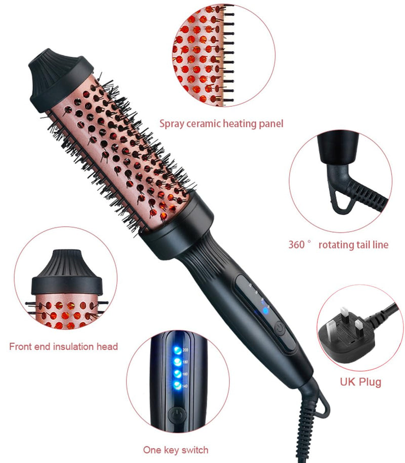 38mm Thermal Brush, Heated Hot Brush, Thermal Round Iron Smooth Shine Volumize Comb, Heated Curling Iron Create Natural Curls, UK Plug Dual Voltage, Rose Black