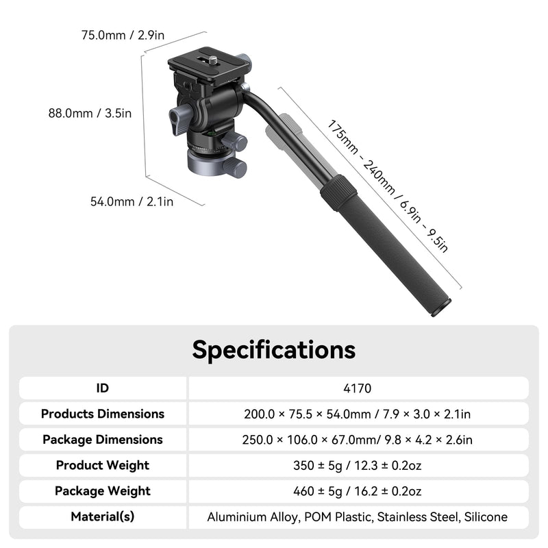 SmallRig CH20 Video Head with Leveling Base, Quick Release Plate for Arca Swiss and Adjustable Handle, Tripod Pan Tilt Head Fluid Head for Compact Cameras DSLR Cameras, Load up to 8.8lb/4kg-4170B