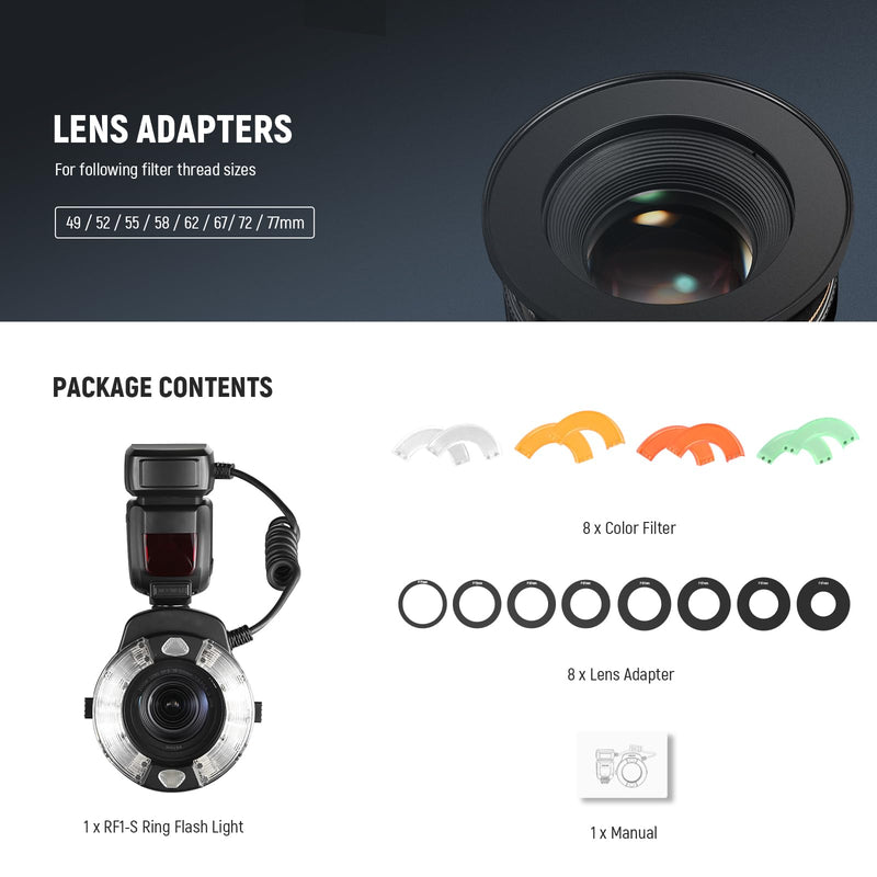 NEEWER RF1-S Marco Ring Flash Light Compatible with Sony Camera, 76Ws GN15 5600K TTL Lighting, 1-1/128 Output Front/Rear Curtain Sync Color Gels Lens Adapter Rings for Macro Photography Studio Photo for Sony