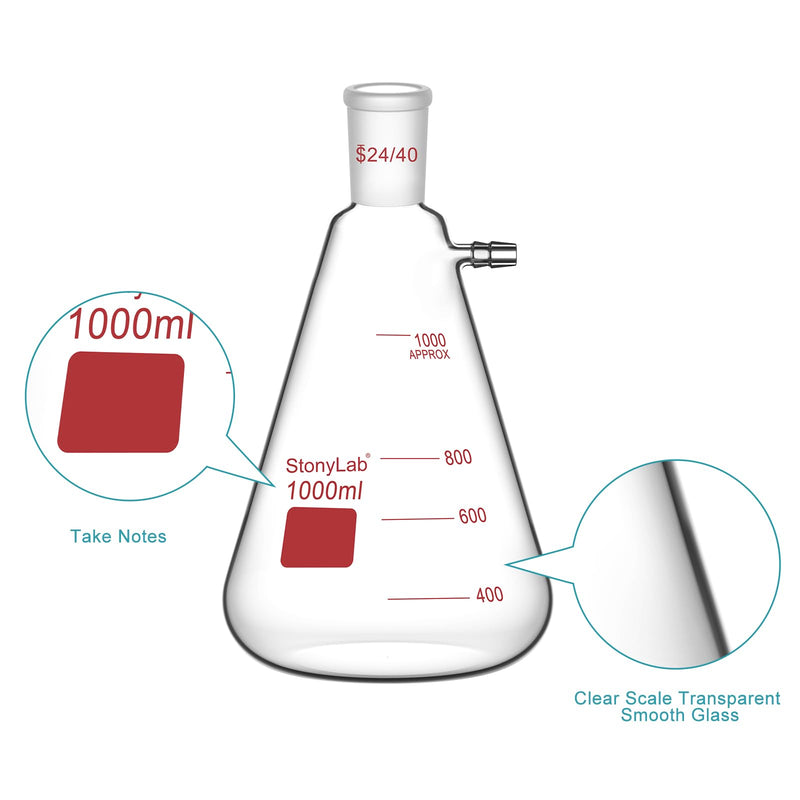 stonylab Filtering Flask with 24/40 Standard Taper Outer Joint, Heavy Wall Borosilicate Glass Filter Flask, Bolt Neck with Tubulation, 1000 ml