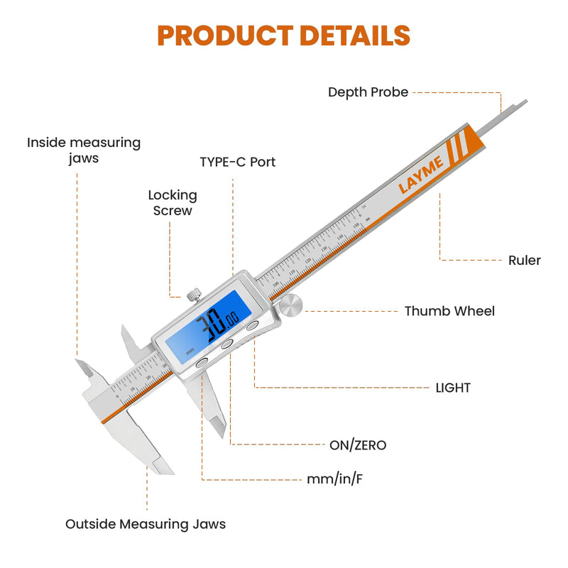 Digital Caliper, Rechargeable Digital Calipers with Backlight LCD & Auto-Off, Stainless Steel Measuring Tool, Inch/MM/Fraction Conversion for 3D Printing DIY Woodworking 6 Inch