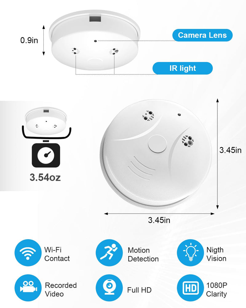 HD 1080P Hidden Camera Smoke Detector WiFi Cameras Wireless Small Spy Nanny Cam with Motion Detection, Surveillance Indoor Camera for Home Security No Audio
