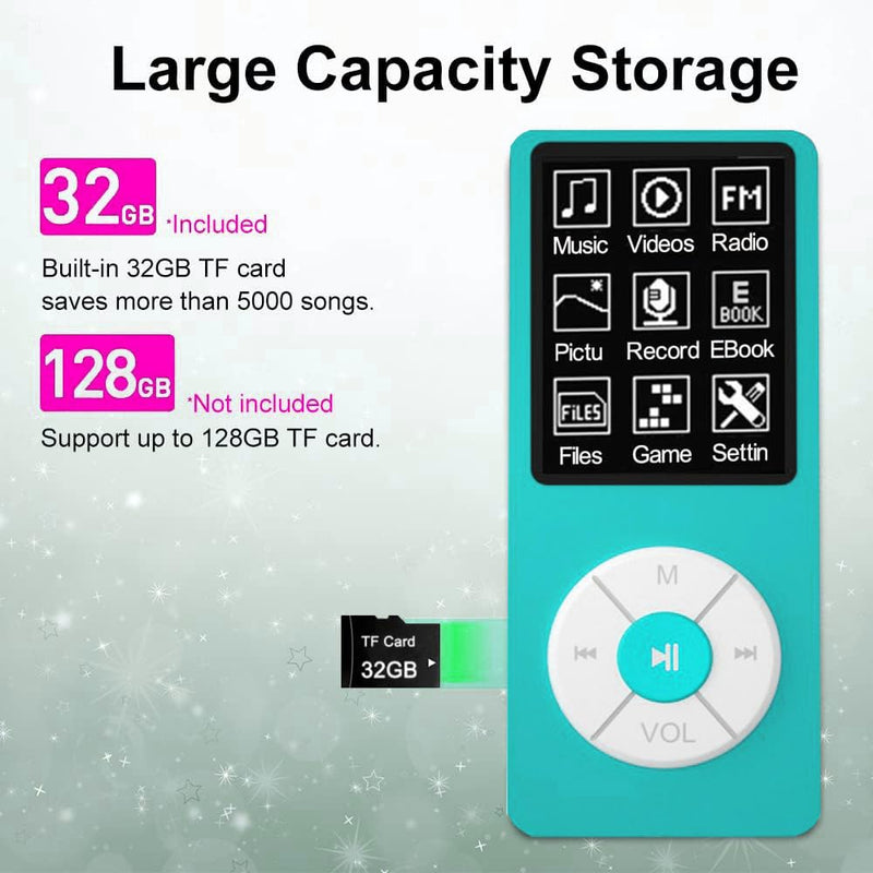 MP3 Player with 32GB TF Card,Built-in HD Speaker,Portable HiFi Music Player with Video/Voice Recorder/FM Radio/Photo Viewer/E-Book Player for Kids (Sky Blue) Sky Blue