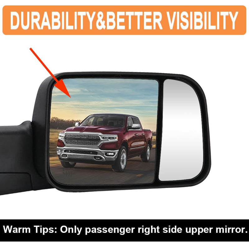 Senzeal Passenger Side Tow Mirror Glass Heated Tow Mirrors Replacement for Dodge Ram 1500 2500 3500 4500 5500 2009-2020 Convex Mirror with Rear Holder 68067726AA (Right Side) Passenger Side with Upper (Right)