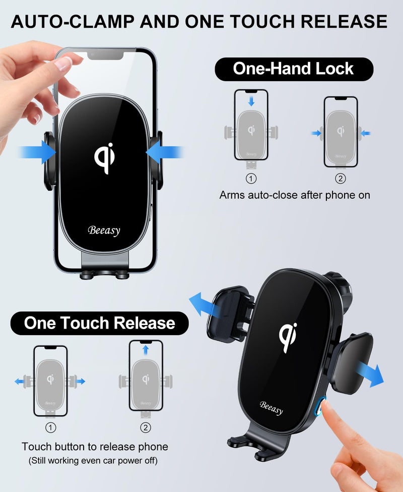 Beeasy 15W Mobile Phone Holder Car with Charging Function-Wireless Charger Car Automatic Inductive Charging Station Car-Mobile Phone Holder Car Charger Ventilation for iPhone Samsung Huawei LG etc