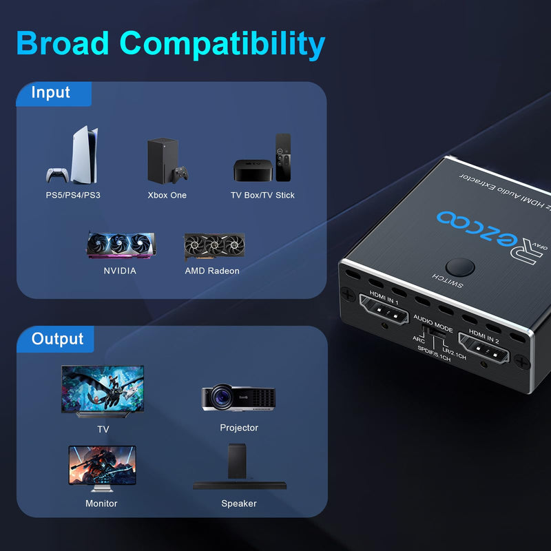HDMI 2.1 Audio Extractor 4K 120Hz VRR ALLM HDCP2.3 HDR10 ARC Switch 2 in 1 Out Audio Converter- SPDIF 5.1CH Optical Toslink,Stereo Audio Breakout, Repeater Digital for PS 5, Xbox X NVIDIA AMD