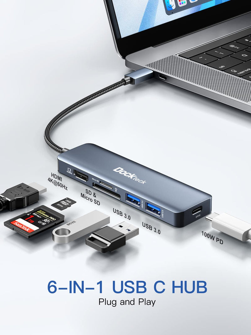 USB C Hub Multiport Adapter - Dockteck 6 in 1 USB C Dock with 100W PD, 4K 60Hz HDMI, USB 3.0, SD/TF Card Reader, USBC Hub for MacBook Pro Air Microsoft Surface Pro 4K@60Hz