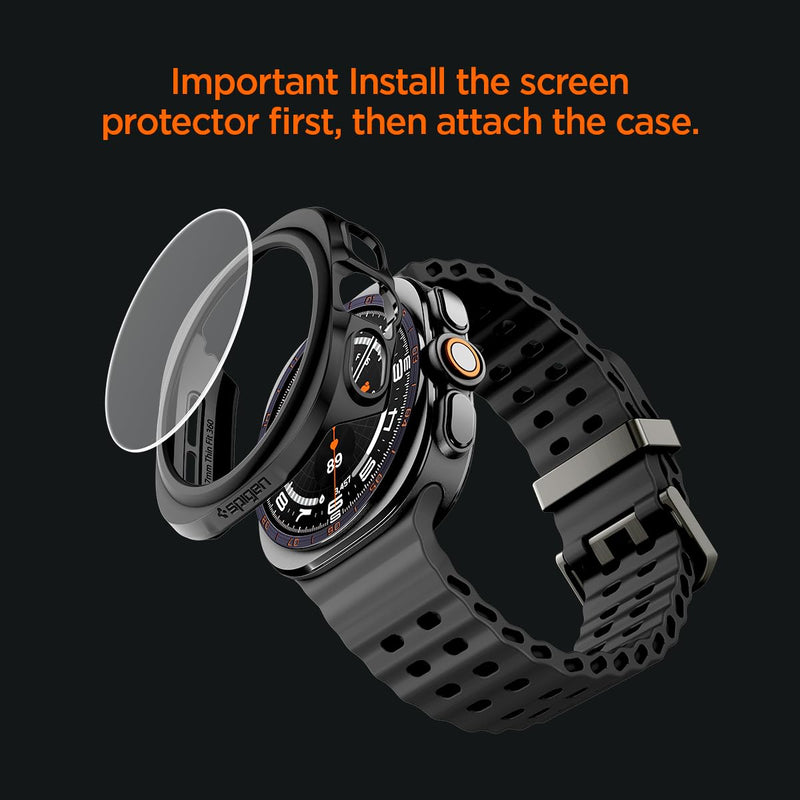 Spigen Thin Fit 360 for Samsung Galaxy Watch Ultra 2 Case (2026) | Touch Sensitive Tempered Glass Screen Protector Slim Lightweight Protective Scratch Resistant PC Cover - Black