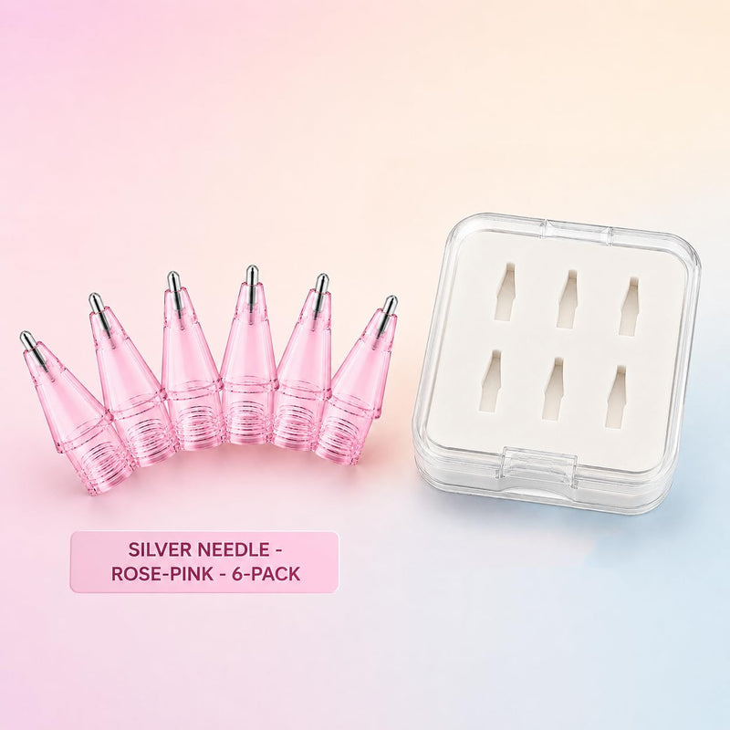 NXVX Replacement Tips for Apple Pencil, Silver Standard, 6-Pack, Pink | Paper-feel needle nib for writing and sketching, wear-resistant metal, fits all generations, clear flip storage case F2 6-Pack Silver Standard Pink