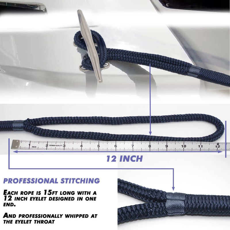 2 Pack Premium Navy Blue Dock Lines - 15' / 25'/35' with Eyelet.Double Braided Nylon Dock Line/ 3/8" x 15 FT