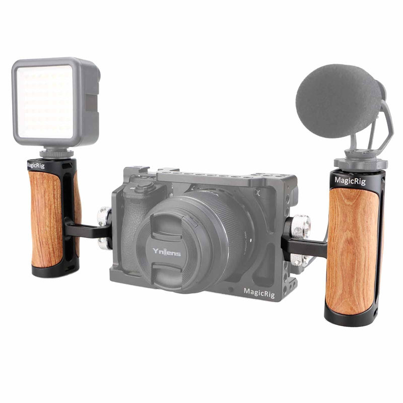 Side Handle Wooden Handgrip with Two 1/4"-20 Screws for DSLR Camera Vlog Camera Cage, Portable Mini Handle for Left/Right Hand with Cold Shoe 1/4" 3/8" ARRI Thread, Up and Down Adjustable 1/4"-20 Screw