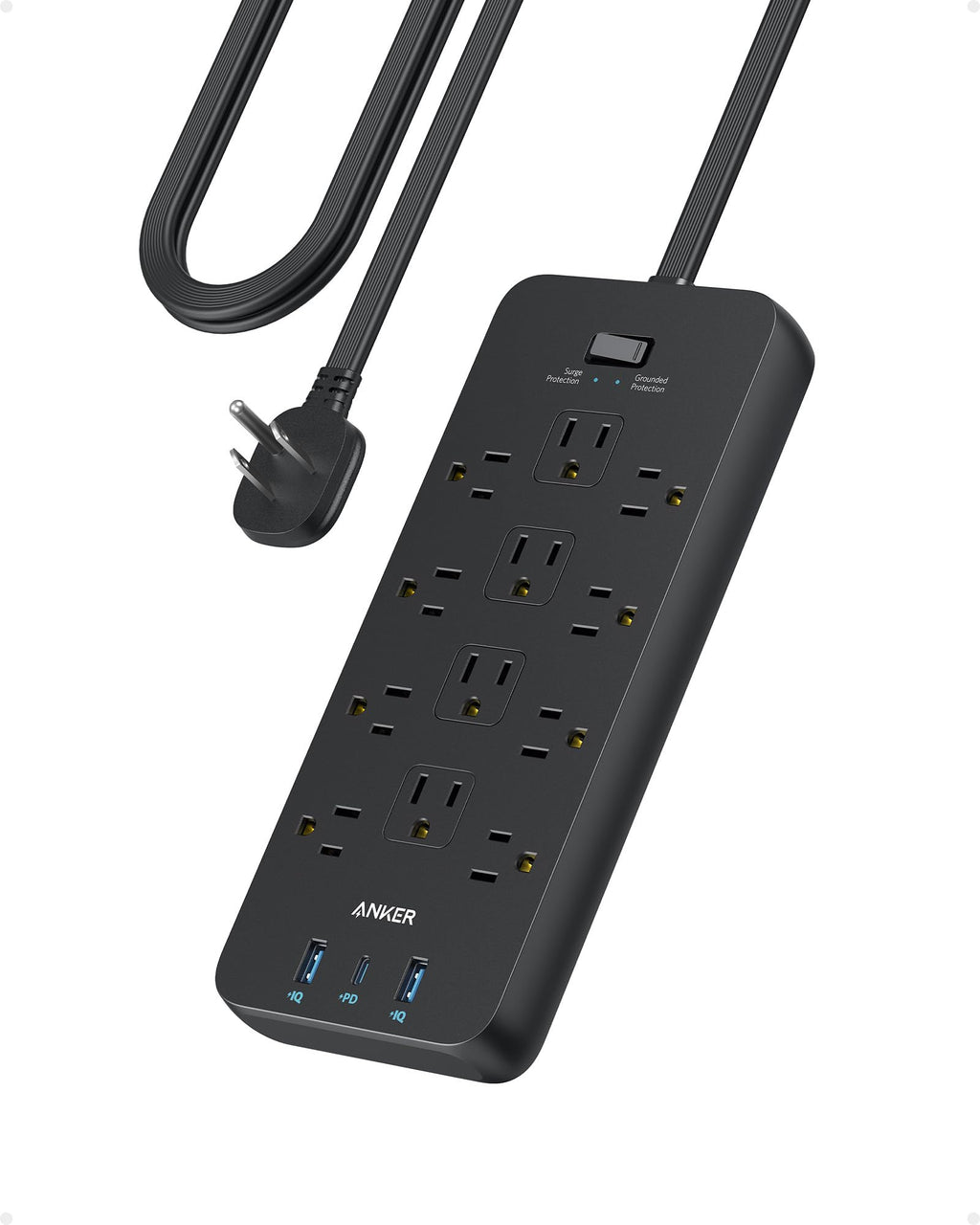 Surge Protector Flat Plug Power Strip(2100J), 12 AC Outlets, Anker 5ft Flat Extension Cord, 1USB C and 2 USB Ports for Multiple Devices, 20W Fast Charging for Home, Office, Dorm Essential, TUV Listed Flat Plug-5 FT Black