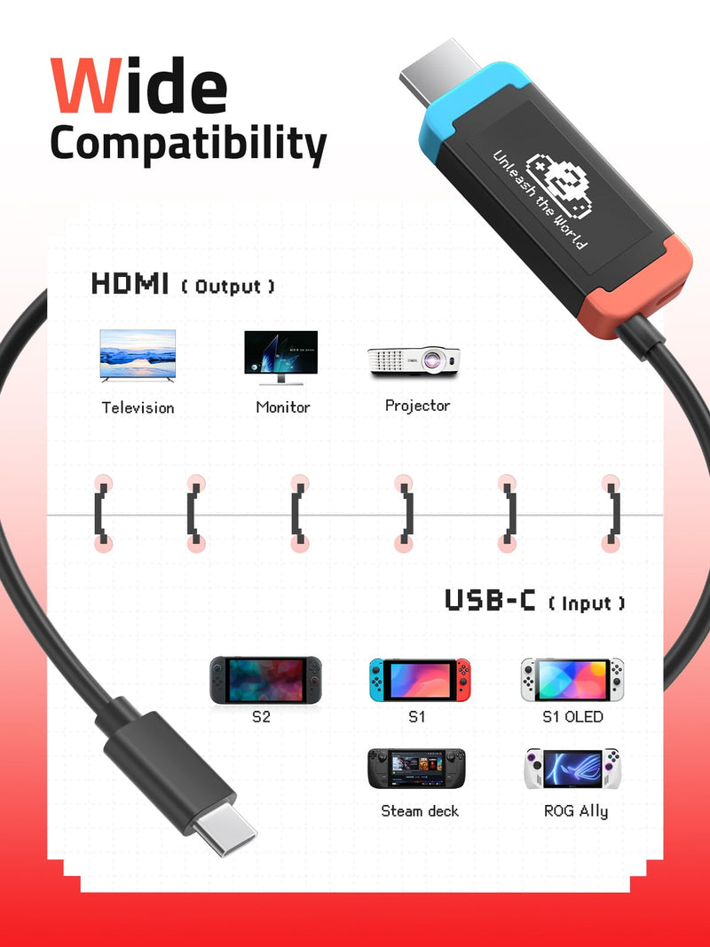 Lemorele 100W PD USB‑C to HDMI Adapter Cable for Switch 2, 4K@60Hz | Compatible with Switch OLED/Original, MacBook, Steam Deck, ROG Ally. DP Alt Mode required. 3.28ft Plug-and-Play Cable
