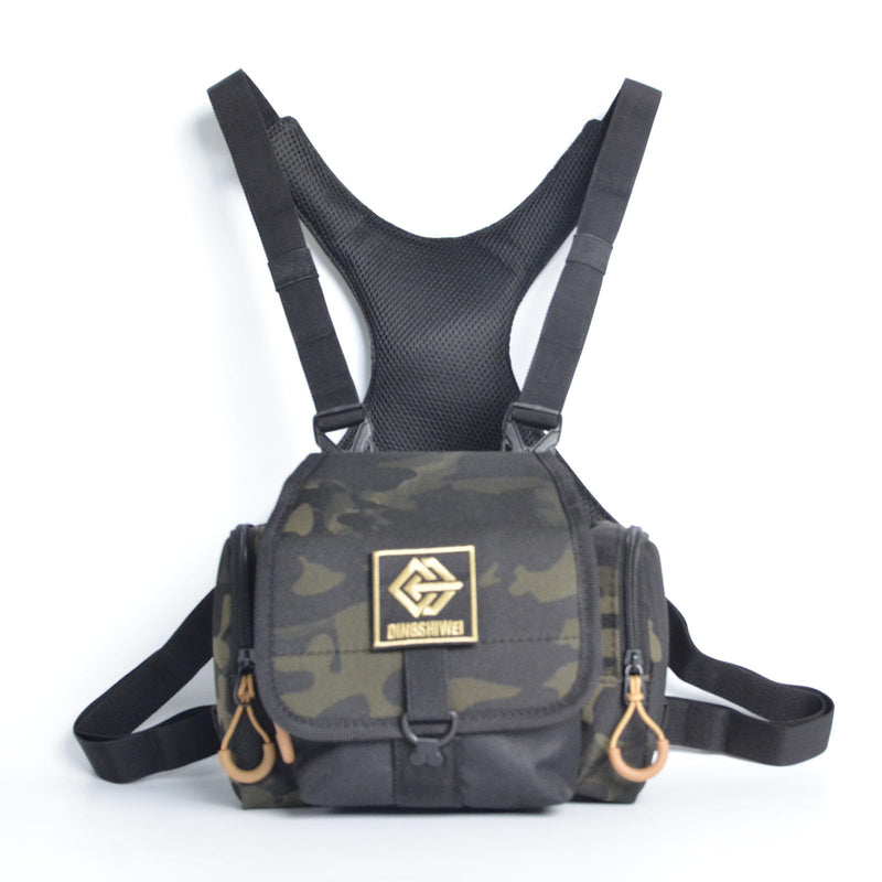 Binocular Chest Pack Camo Hunting Harness with Rangefinder Pouch | Water-resistant camo binocular pack with breathable X-back straps, storage pockets and quick access for hunting & birding