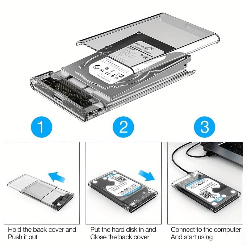 Transparent 2.5-inch Hard Drive Enclosure, USB 3.0/USB 3.1 to SATA III External Hard Drive case Adapter, SSD and HDD 9.5mm/7mm, Compatible with PS4, Xbox, PC, TV, and Laptop, Tool-Free Installation USB 3.1 Silver Adapter